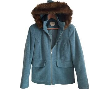 LL Bean Wool Hooded Coat S SP PS Blue Jacket Faux Fur Prep Old Money L.L. Bean